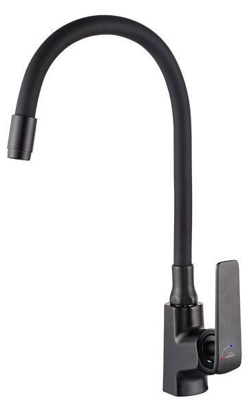 Invena Ligaria, vysoká dřezová baterie s elastickým ramenem, systém Eco Start, černá matná, INV-BZ-39-004-L