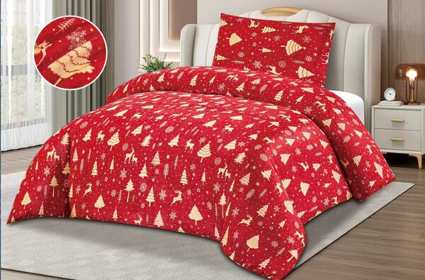 Flanelové povlečení 140×200 / 70×90 – hřejivé vánoční povlečení se soby a stromky, zapínání na zip