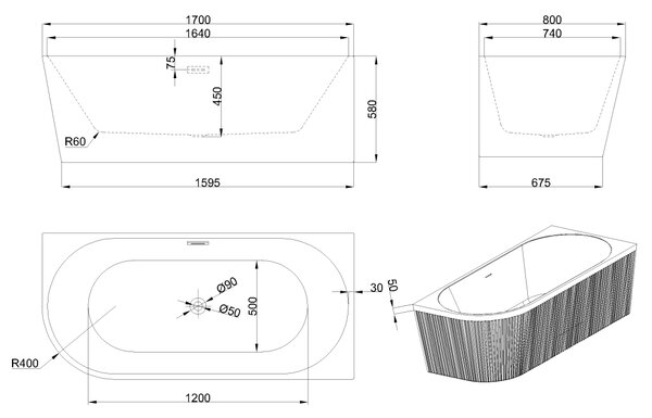 Invena Invena, volně stojící vana 170x80x58 cm, pravá, bílá lesklá, chromový přepad, INV-AN-02-11P-KPL