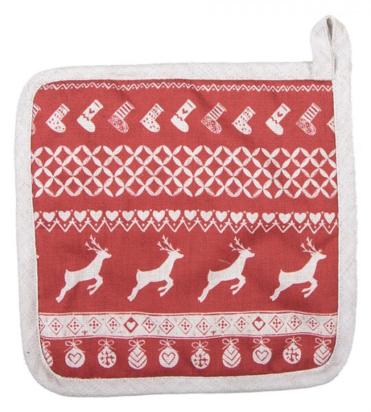 Červená bavlněná podložka pod hrnec s jelenem Nordic Christmas – 20x20 cm