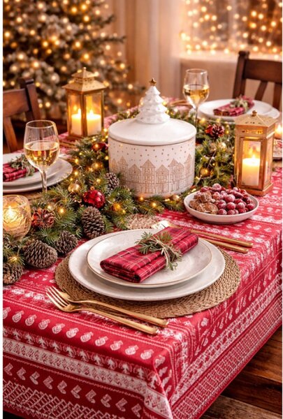 Červený bavlněný ubrus s jelenem Nordic Christmas – 100x100 cm