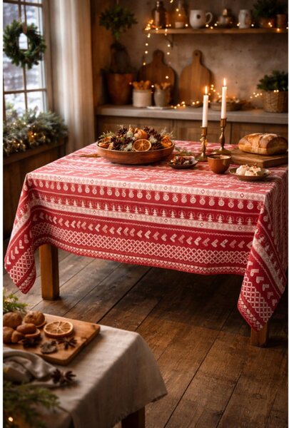 Červený bavlněný ubrus s jelenem Nordic Christmas – 100x100 cm