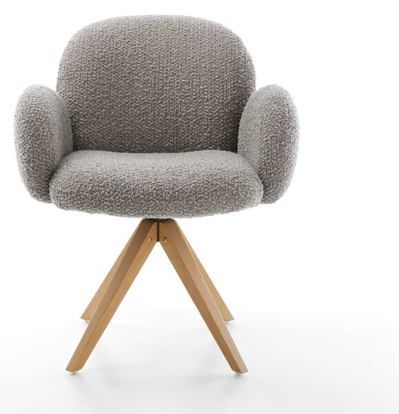 DELIFE Jídelní židle Nube-Flex s područkami bouclé stříbrně šedá dřevěná podnož hranatá přírodní 180° otočná taštičkové pružiny