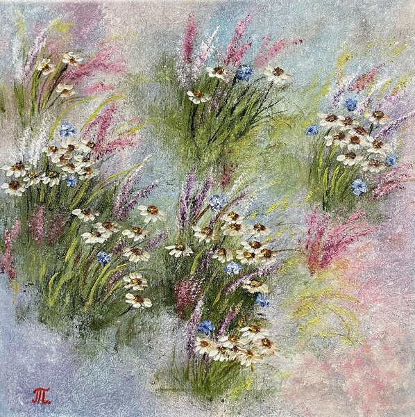Ručně malovaný obraz od Tanja Frost - "Seria Letna Symfonia -40*40 bílé sedmikrásky", rozměr: 40 x 40 cm