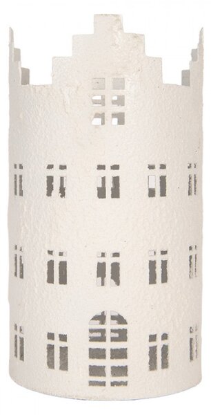 Bílý kovový svícen na čajovou svíčku domeček – 13x23 cm