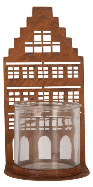 Hnědý kovový svícen na čajovou svíčku domeček – 10x10x20 cm