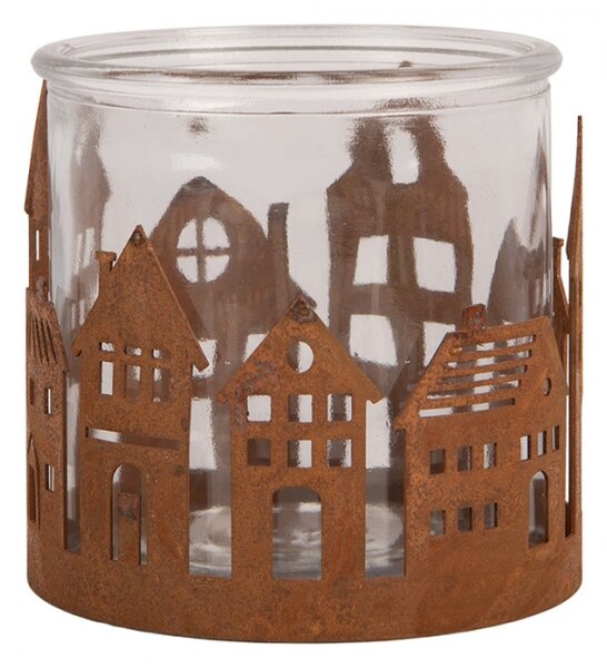 Hnědý kovový svícen na čajovou svíčku domeček – 11x10 cm
