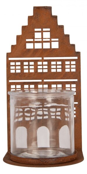 Hnědý kovový svícen na čajovou svíčku domeček – 12x12x24 cm