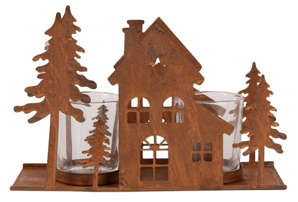 Hnědý kovový svícen na čajovou svíčku domeček – 20x8x12 cm
