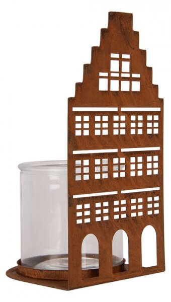 Hnědý kovový svícen na čajovou svíčku domeček – 12x12x24 cm