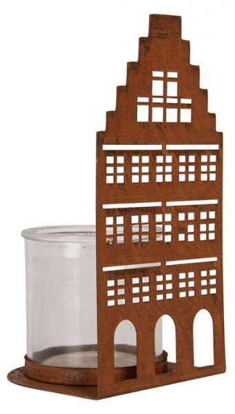 Hnědý kovový svícen na čajovou svíčku domeček – 10x10x20 cm