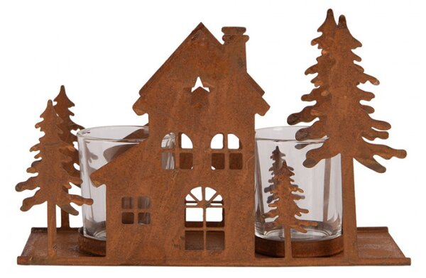 Hnědý kovový svícen na čajovou svíčku domeček – 20x8x12 cm