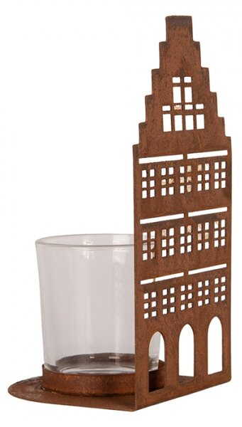 Hnědý kovový svícen na čajovou svíčku domeček – 8x8x15 cm