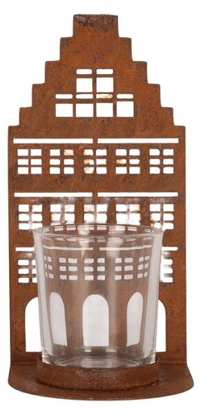 Hnědý kovový svícen na čajovou svíčku domeček – 8x8x15 cm