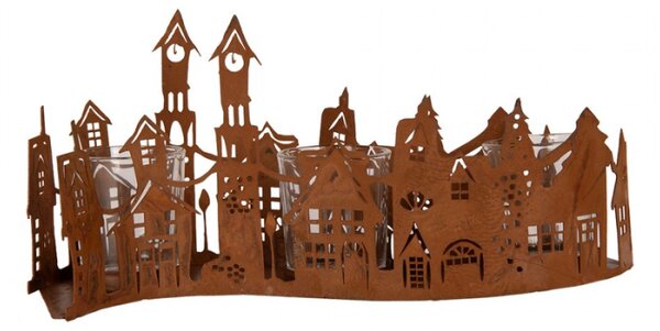 Hnědý kovový svícen na čajovou svíčku domeček – 27x8x12 cm