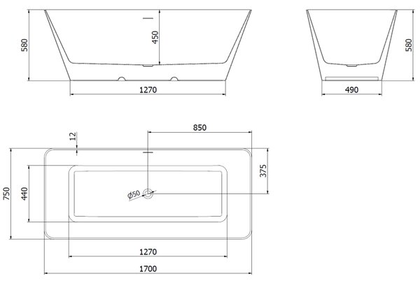 Mexen Velo Slim, volně stojící vana 170 × 75 cm, bílá-černá, 52811707575-SS