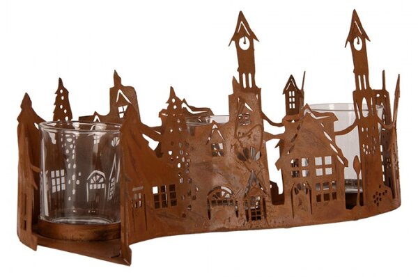 Hnědý kovový svícen na čajovou svíčku domeček – 27x8x12 cm