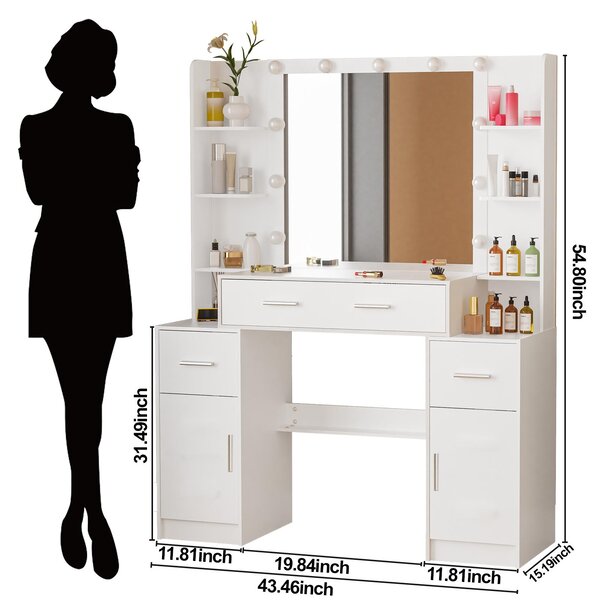Zrcadlo s osvětlením LED, bílé barvy – 3 režimy osvětlení, nastavitelná intenzita – dřevěné – moderní, minimalistický design – nábytek do ložnice