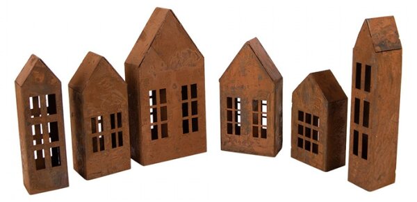 Sada 6 hnědých kovových dekorativních figurek domeček – 27x3x14 cm