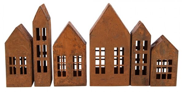 Sada 6 hnědých kovových dekorativních figurek domeček – 27x3x14 cm