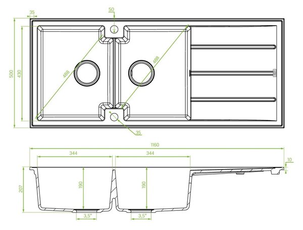 Kuchinox Laveo Canaria, 2-komorový granitový dřez 1160x500x207 mm, béžová, LAV-SPC_421T