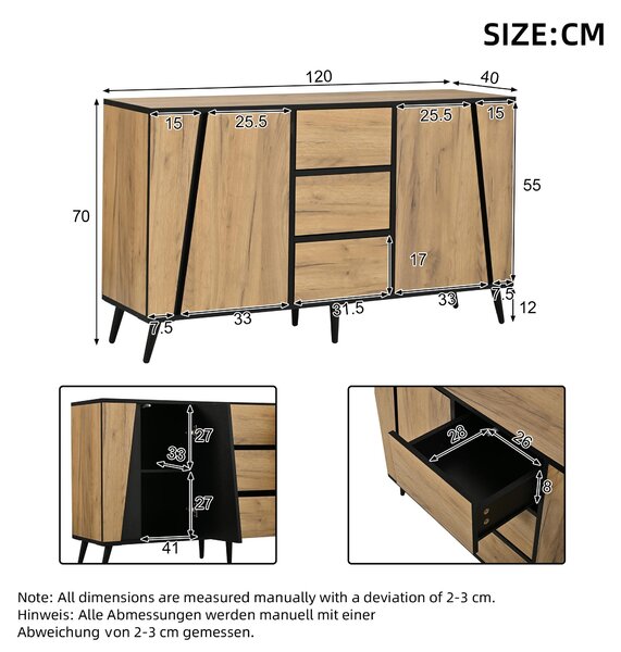 Komoda 120x40x70 cm, 2 dvířka, 3 zásuvky, kávový koutek, moderní design, vhodná do obývacího pokoje/kuchyně/pracovny