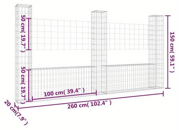 Ocelová gabionová konstrukce ve tvaru U, sloužící jako plot a zároveň zajišťující soukromí, s 3 ocelovými sloupky o rozměrech 260x20x150 cm