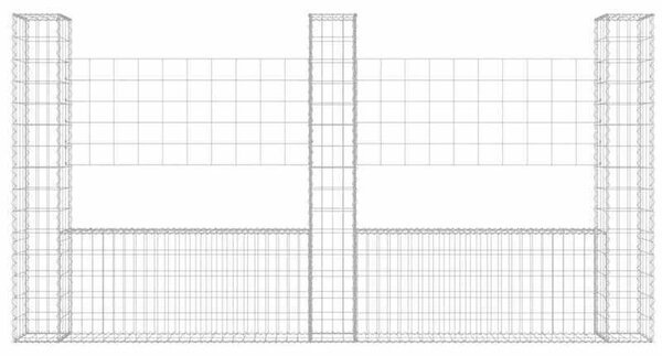 Ocelová gabionová konstrukce ve tvaru U, sloužící jako plot a zároveň zajišťující soukromí, s 3 ocelovými sloupky o rozměrech 260x20x150 cm
