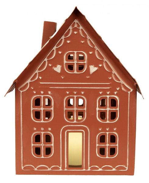 Hnědý kovový domeček s LED světlem – 27x19x32 cm