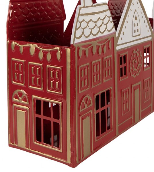 Červený kovový svícen na čajovou svíčku domeček – 38x13x25 cm