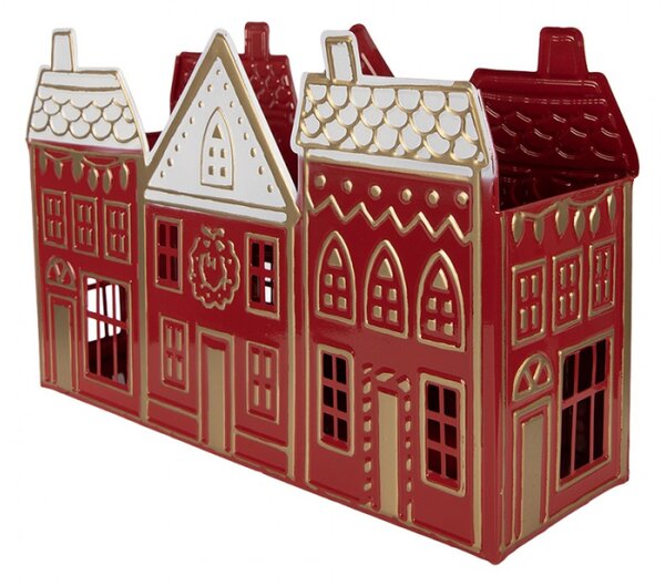 Červený kovový svícen na čajovou svíčku domeček – 38x13x25 cm