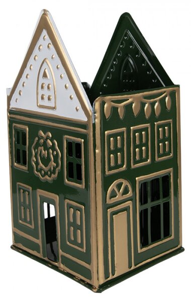 Zelený kovový svícen na čajovou svíčku domeček – 14x12x25 cm