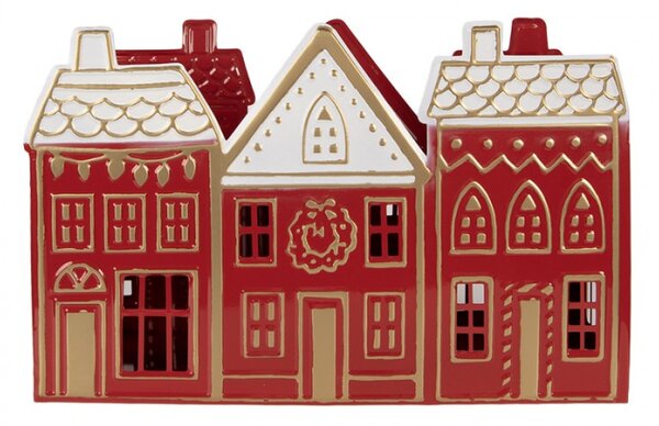 Červený kovový svícen na čajovou svíčku domeček – 38x13x25 cm