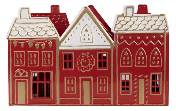 Červený kovový svícen na čajovou svíčku domeček – 38x13x25 cm