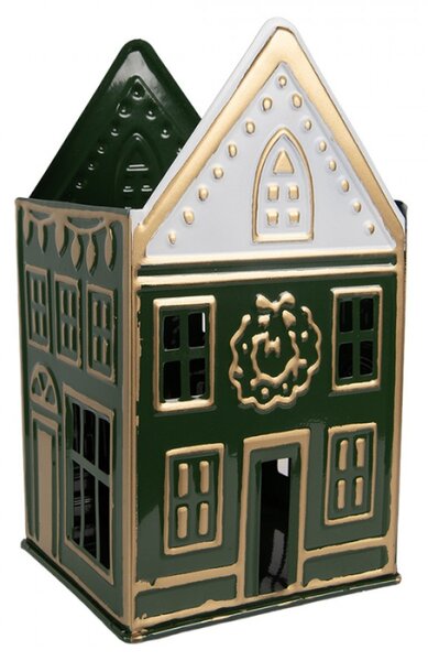 Zelený kovový svícen na čajovou svíčku domeček – 14x12x25 cm