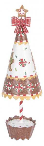 Hnědo-bílá kovová vánoční dekorace stromeček perníkový panáček – 11x37 cm