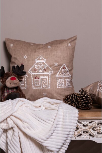 Hnědý povlak na polštář s motivem perníkových domečků Gingerbread Bliss – 45x45