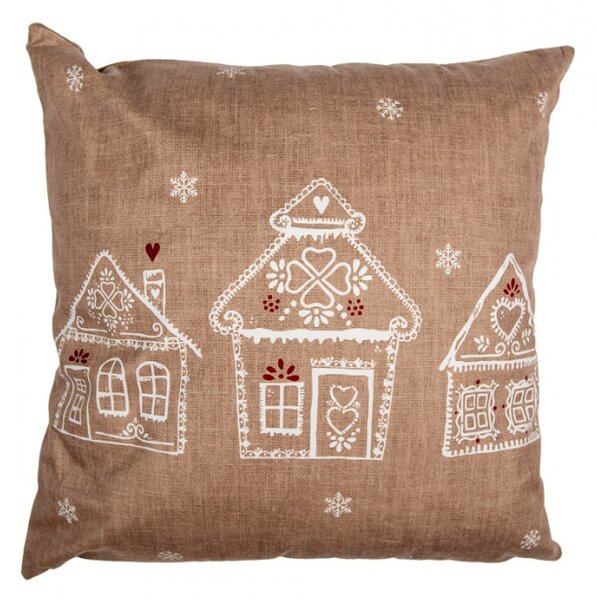 Hnědý povlak na polštář s motivem perníkových domečků Gingerbread Bliss – 45x45