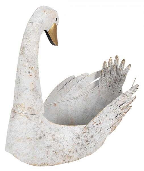 Bílý kovový květináč ve tvaru labutě s hlavou otočenou dozadu – 44x26x43 cm