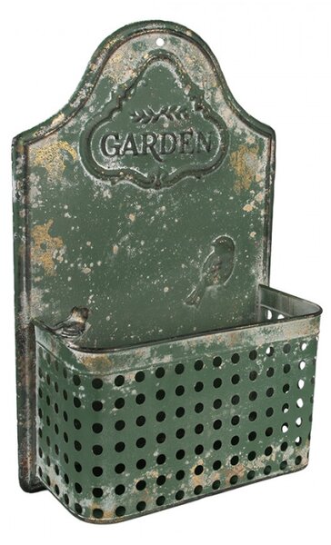 Zelený kovový nástěnný květináč s ptáčkem a nápisem Garden – 29x13x45 cm