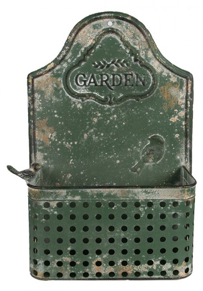 Zelený kovový nástěnný květináč s ptáčkem a nápisem Garden – 29x13x45 cm