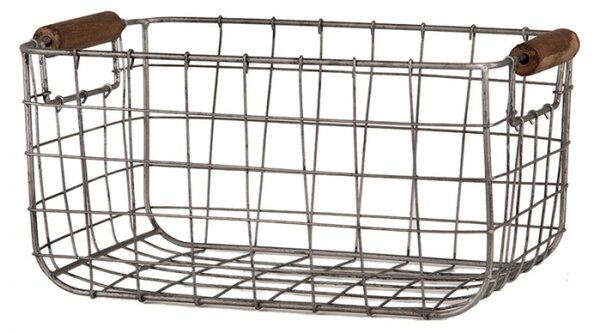 Set 2 šedých drátěných úložných košíků s dřevěnými úchytkami Liese – 37x23x18 cm