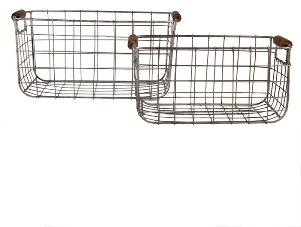 Set 2 šedých drátěných úložných košíků s dřevěnými úchytkami Liese – 37x23x18 cm