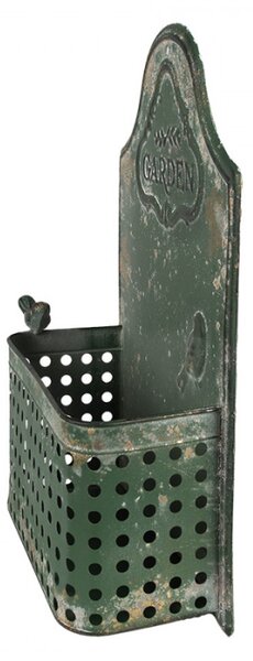 Zelený kovový nástěnný květináč s ptáčkem a nápisem Garden – 29x13x45 cm