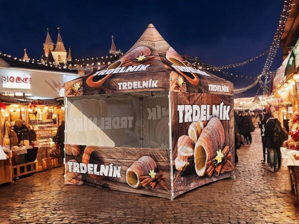 TENTino SET - Nůžkový párty stan 3x3 m s grafikou TRDELNÍK Typ konstrukce: STEEL HEXAGON, Rozsah potisku: střecha + 3x boční strana, Plachtovina - gramáž: polyester 230 g/m2