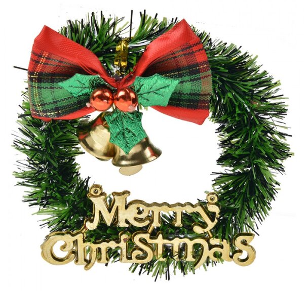 Malý vánoční věnec se zlatým nápisem Merry Christmas a zvonky – 8 cm