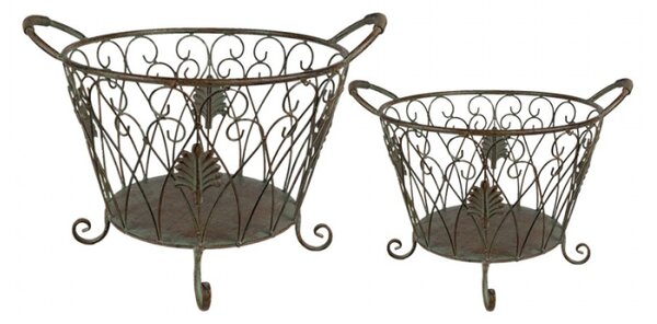 Set 2 hnědých drátěných kulatých košíků na nožičkách s rostlinným motivem Arend – 41 cm