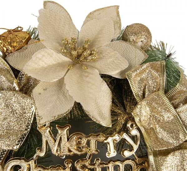 Zlatý vánoční věnec s květinami a nápisem Merry Christmas – 30 cm