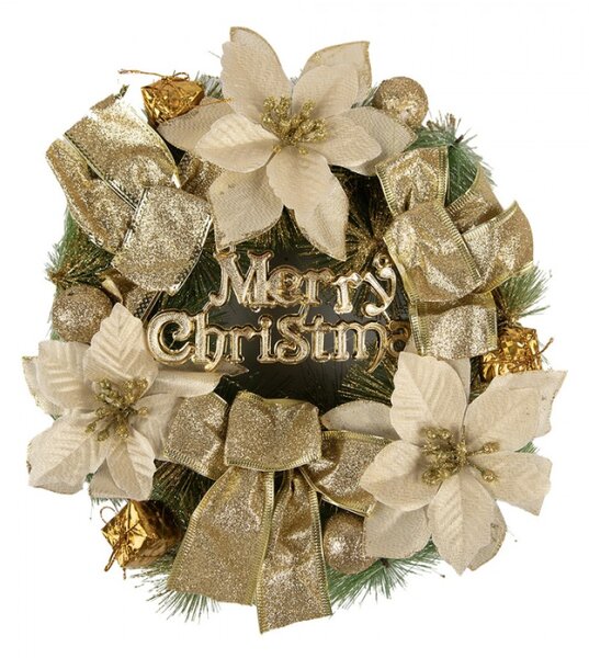 Zlatý vánoční věnec s květinami a nápisem Merry Christmas – 30 cm