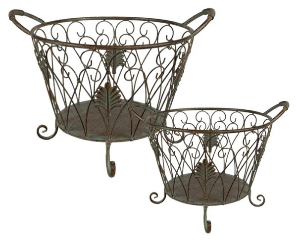 Set 2 hnědých drátěných kulatých košíků na nožičkách s rostlinným motivem Arend – 41 cm